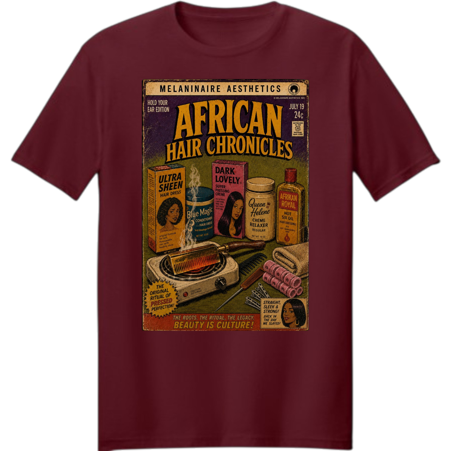 AFRICAN HAIR CHRONICLES (AHC) Unisex Core Cotton Tee

"HOLD YOUR EAR!" If you know... you know.

Before silk presses had hashtags, there was the hot comb on the stove, Blue Magic on the counter, and somebody telling you not to move. African Hair Chronicles celebrates the rituals, traditions, and unforgettable memories that shaped generations. It's a nostalgic tribute to the beauty shop, the kitchen salon, and every childhood Saturday that ended with fresh hair and a little burnt ear.