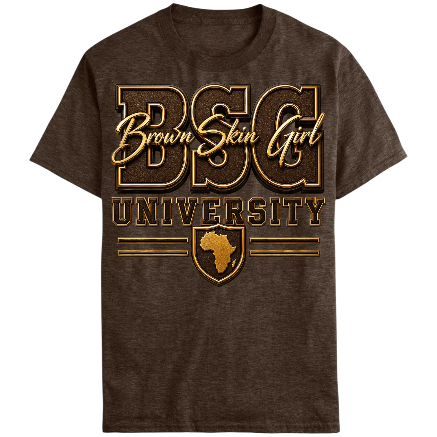 Join the University of BSG. This unisex dark brown heathered, 3D custom graphic t-shirt features a shield emblem containing the outline of Africa. 

Available Sizes: XS-4XL 