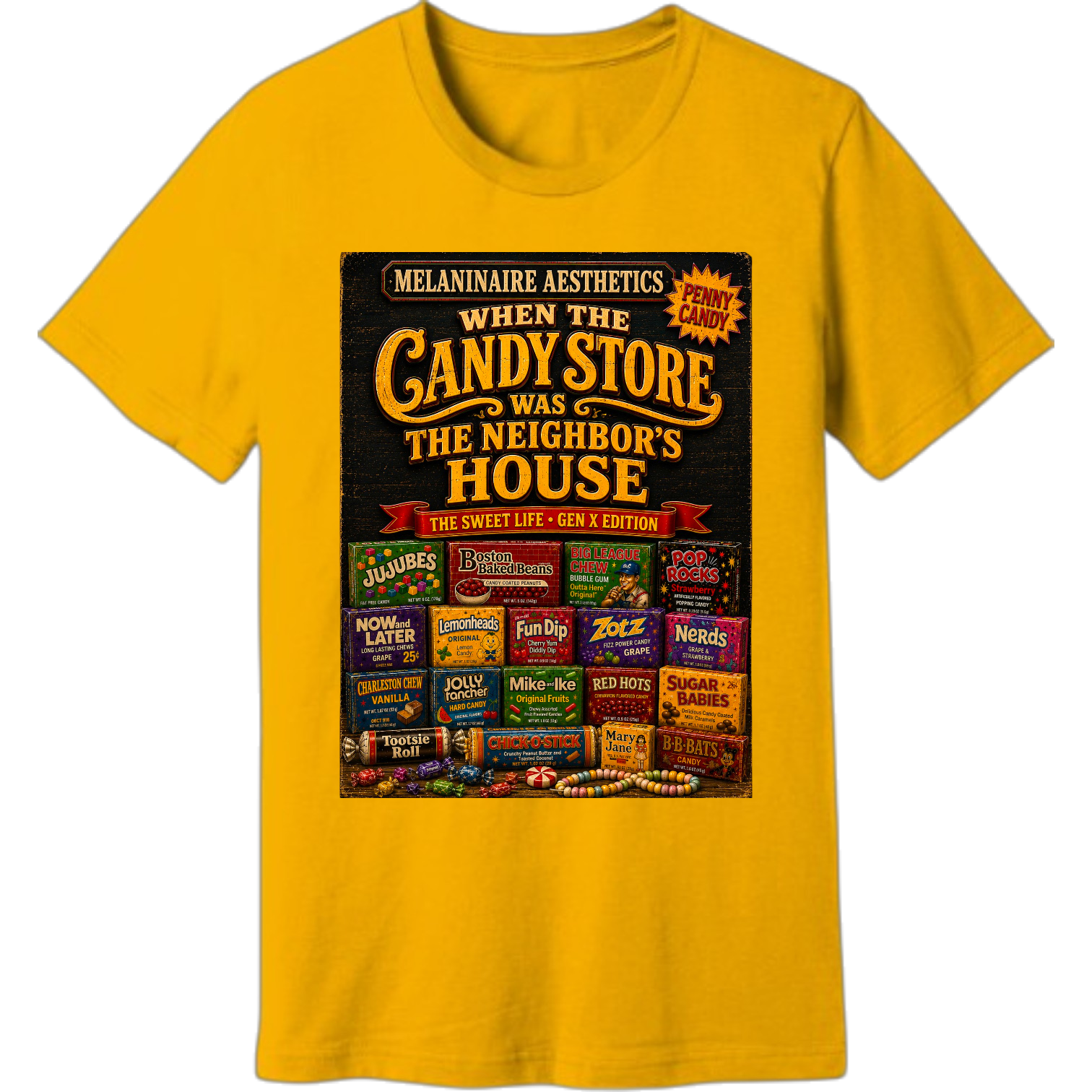 Before convenience stores were on every corner, the neighborhood was the candy store. One dollar felt like a fortune, and every trip meant choosing between Lemonheads, Fun Dip, Now & Later, and BB Bats. This nostalgic Gen X design celebrates the corner-store memories that made childhood so sweet.

Printed on the premium Bella+Canvas tee for an incredibly soft, modern fit that's made for everyday comfort.

Because the sweetest memories were only a bike ride away.