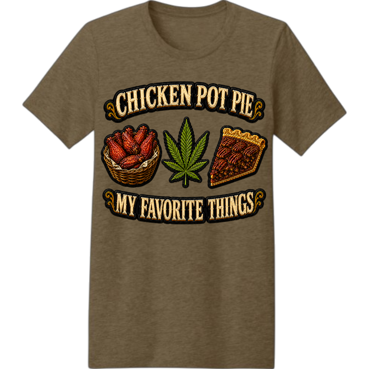 CHICKEN POT PIE PATCH graphic on Heather Brown tee from MELANINaire Aesthetics Beatz & Broccoli collection
