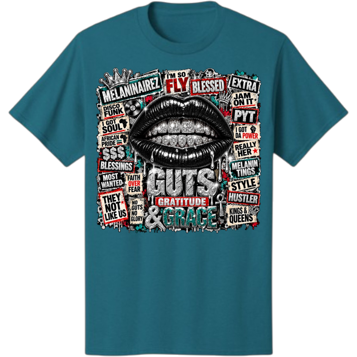 GUTS GRATITUDE & GRACE Silver design culture graphic tee by MELANINaire Aesthetics