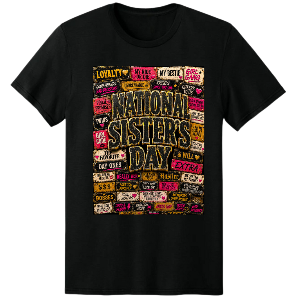 Celebrate the women who have always had your back with this bold National Sister's Day tee from our collection. Made for celebrating the women who make life unforgettable. Perfect for National Sister's Day, matching outfits, girls' trips, birthdays, or as a thoughtful gift for your forever best friend.

This design honors the laughter, loyalty, and lifelong bond shared between sisters by blood or by choice. Because sisterhood isn't just a relationship. It's a lifetime of memories you can wear.